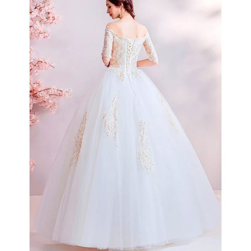 Vintage Ball Gowns Wedding Dresses With Gold Appliques 2019 New Vestidos De Noivas Full Length Puffy Ball Gown Bridal Dresses