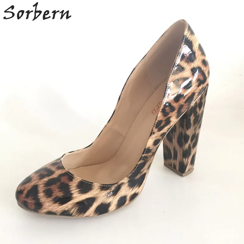 

Sorbern Leopard Shiny PU Women Pumps Round Toe Square Chunky High Heels Custom Ladies Shoes Exclusive Size 45 OL Dress Shoes