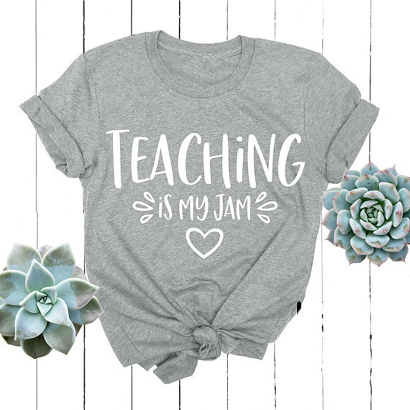 

Skuggnas Funny Casual Short Sleeve Shirt Teaching is My Jam T-Shirt Hipster Aesthetic Tumblr Letter Top Teacher t shirt Tee