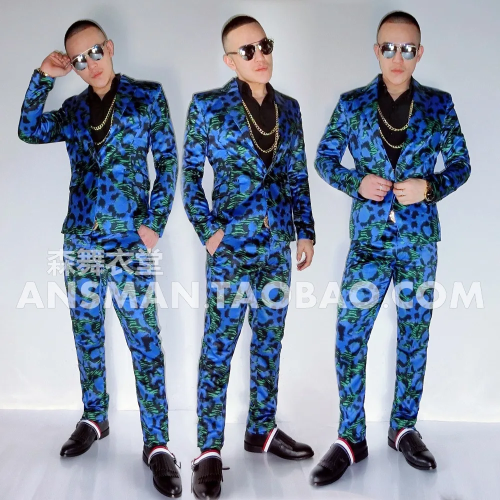 Hot 2024 New Men\'s Dj Singer Fashion Blazers Blue Green Leopard Jackets Coats Men Plus Size Formal Dress Costumes Clothing Suits