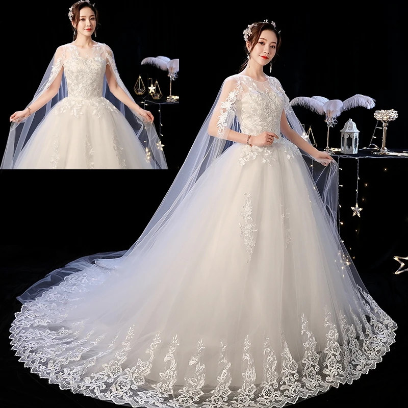 Robe de Mariée Blanche Cassé à Col Rond, Longue Traîne, Belle Dentelle, Appliques Icidal, à Lacets, Nouvelle Collection 2024