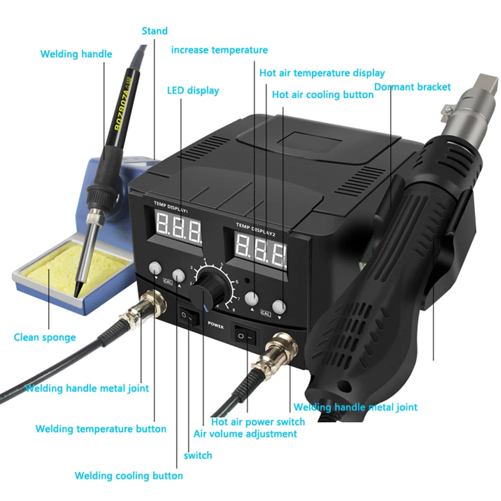 2 IN 1 800W LED Digital Soldering Station Hot Air Gun Rework Station Electric Soldering Iron For Phone PCB IC SMD BGA Welding