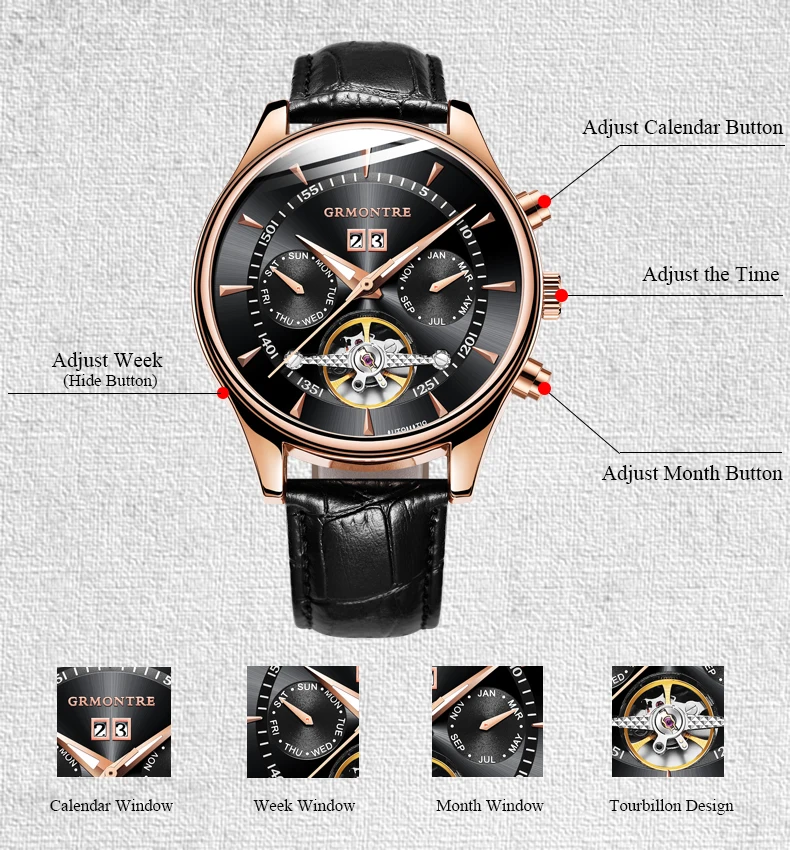 44mm High Quality Watches Relogio Masculino GRMONTRE Automatic Watches For Men Mechanical Skeleton Fashion Watch erkek kol saati