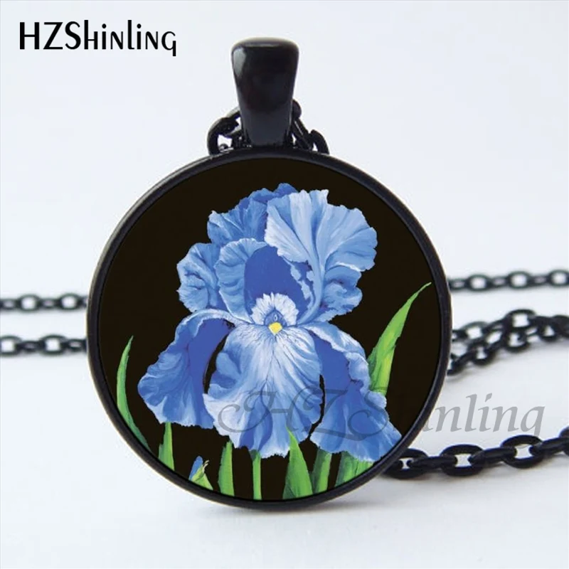 2017 New Trendy Blue Iris Flower Pendant Necklace Handmade Blue Iris Jewelry Classic Round Purple Irises Necklace HZ1