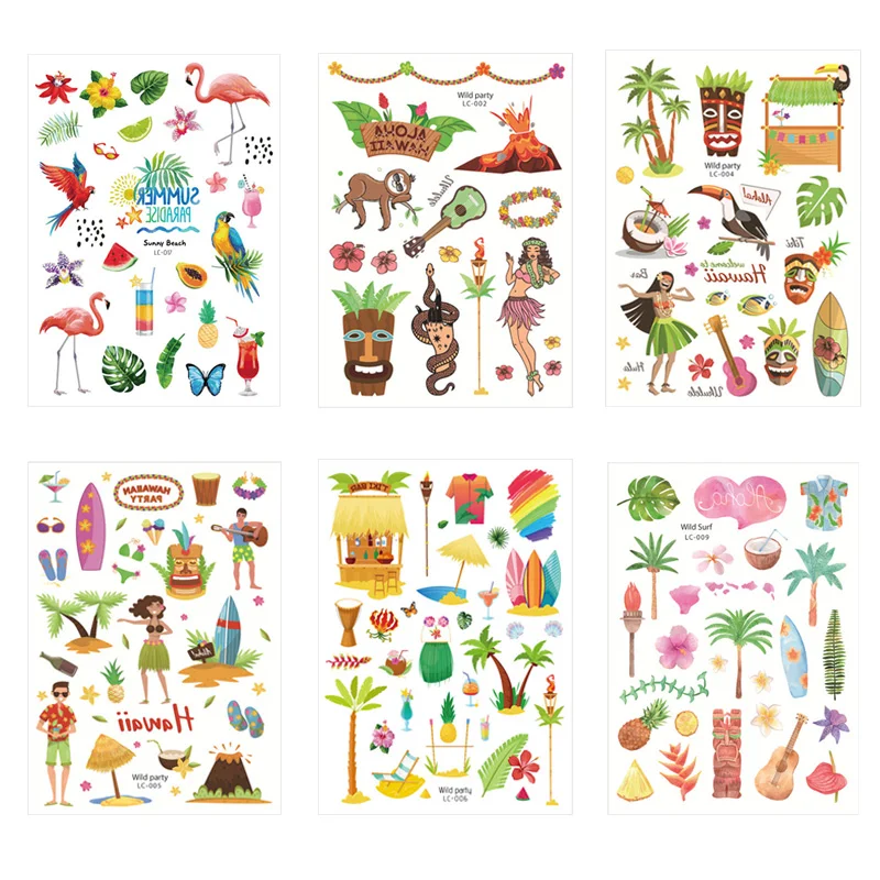 Hawaiian Beach Party Waterproof Tattoo Stickers Fun Aloha Flamingo Theme Birthday Decor Luau Party Temporary Tattoo Stickers