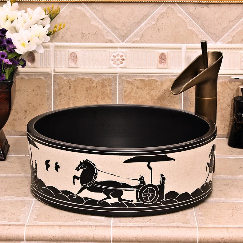 

Engrave Europe Vintage Style Ceramic Art Basin Sinks Counter Top Wash Basin Bathroom Sinks vanities bathroom vessel sink