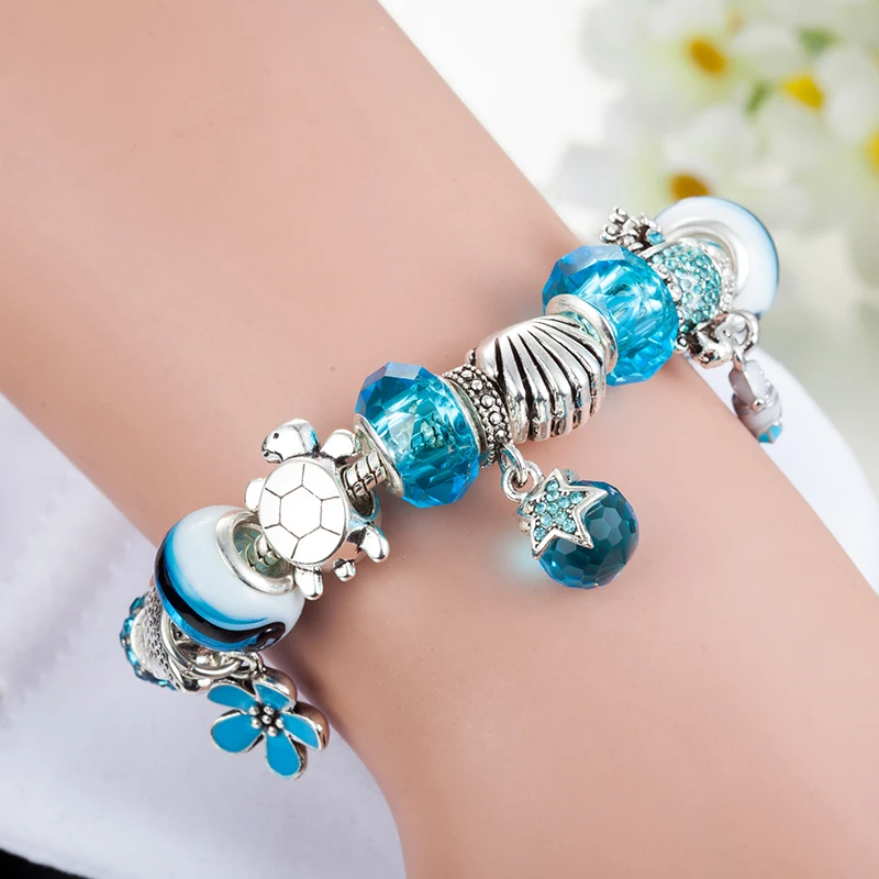 ANNAPAER Emaille Seestern Charme Armbänder & Armreifen Feine Silber Farbe Blau Kristall Murano Perlen Armband für Frauen B16194