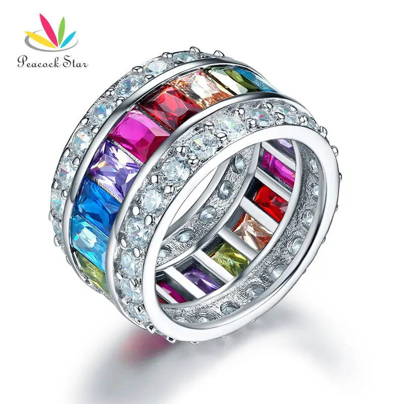 Peacock Star Multi-Color Stone Band Wedding Anniversary Solid 925 Sterling Silver Ring Jewelry CFR8241