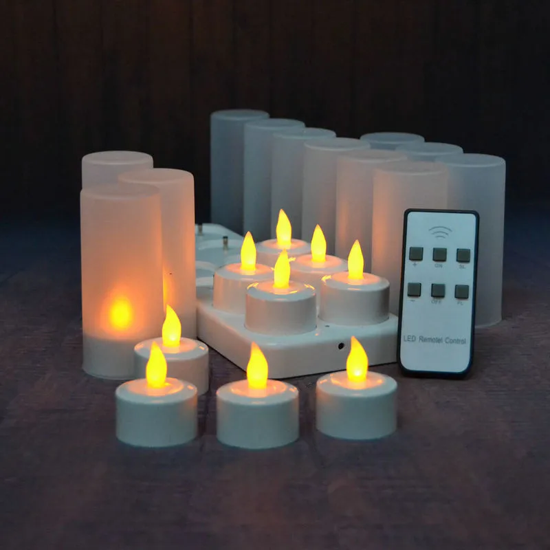 Set of 12 LED candle Remote controlled frosted Rechargeable Tea Light Electronic Candle set Waxless Church Wedding Decor-AMBER