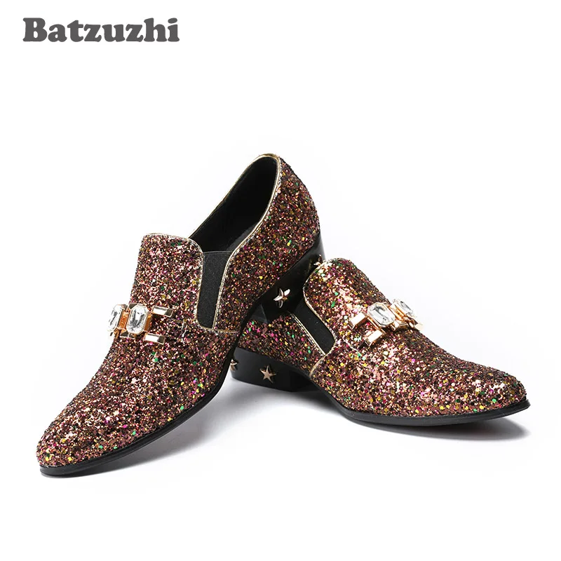 2025 Handmade Men Shoes Pointed Toe Brown Glitter Men Leather Dress Shoes Crystal Leather Heels with Stars Wedding Party Shoes