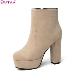 QUTAA 2021 Women Ankle Boots Square High Heel Fashion Winter Shoes Platform Al Match Flock Square Toe Women Boots Size 34-43