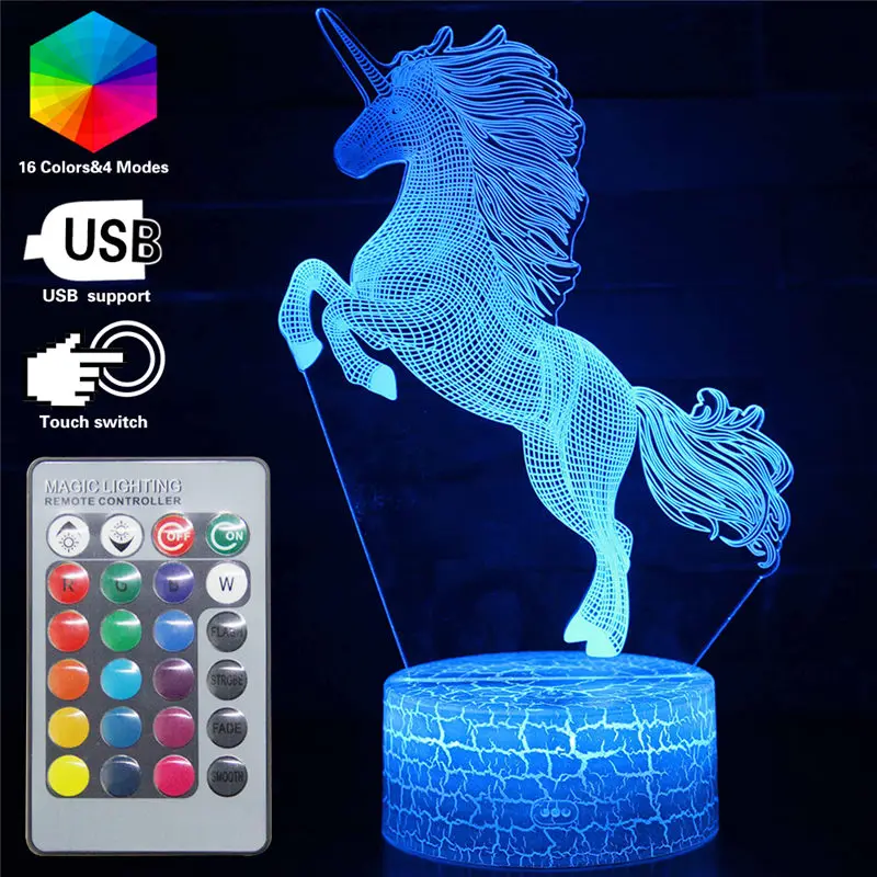 16 Color Unicorn 3D Lamp Pegasus LED Night Light Baby Sleeping Bedroom Table Lamp Remote NightLamp Luminaria Kids Birthday Gifts