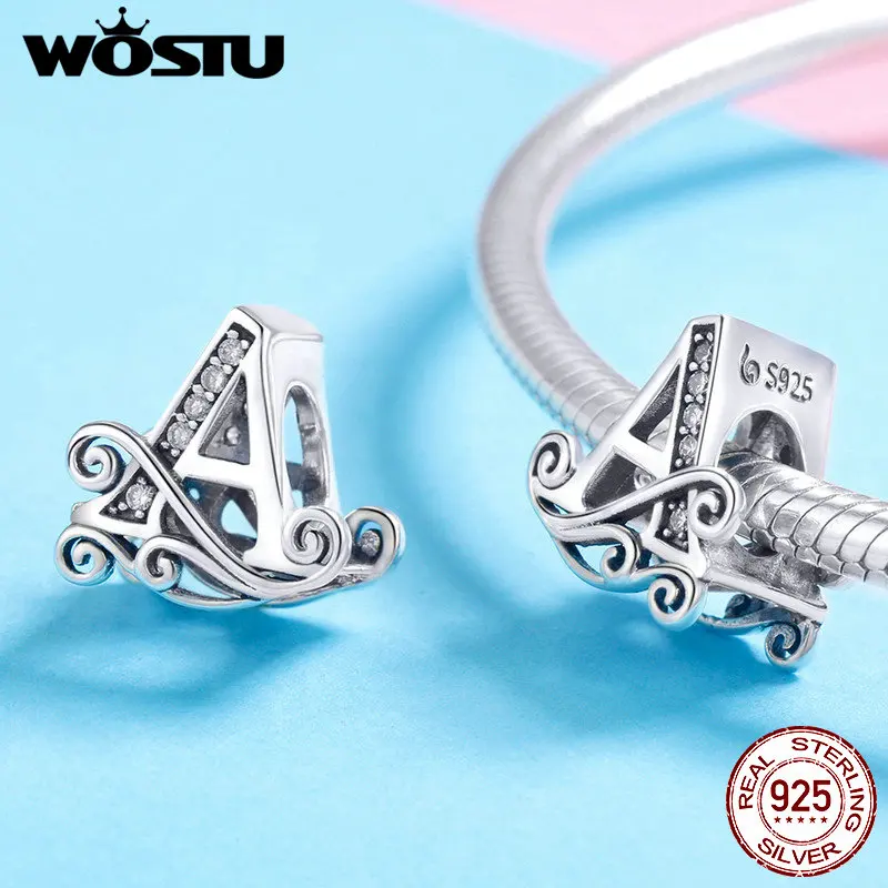 WOSTU Genuine 925 Sterling Silver DIY Letters A-Z Beads Charms Fit Original Bracelets Pendant Bangles For Women Fine Jewelry