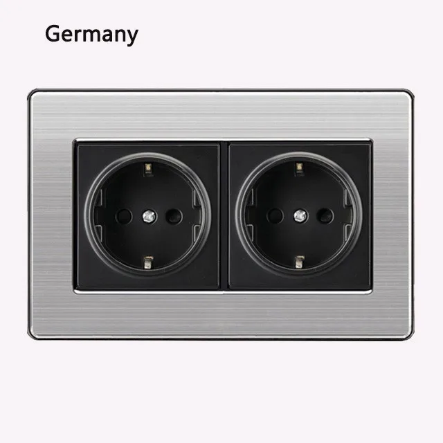 

16a Eu Standard Wall Double Socket Luxury Power Outlet Stainless Steel Brushed Silver Panel 146mm*86mm Ac 110~250v