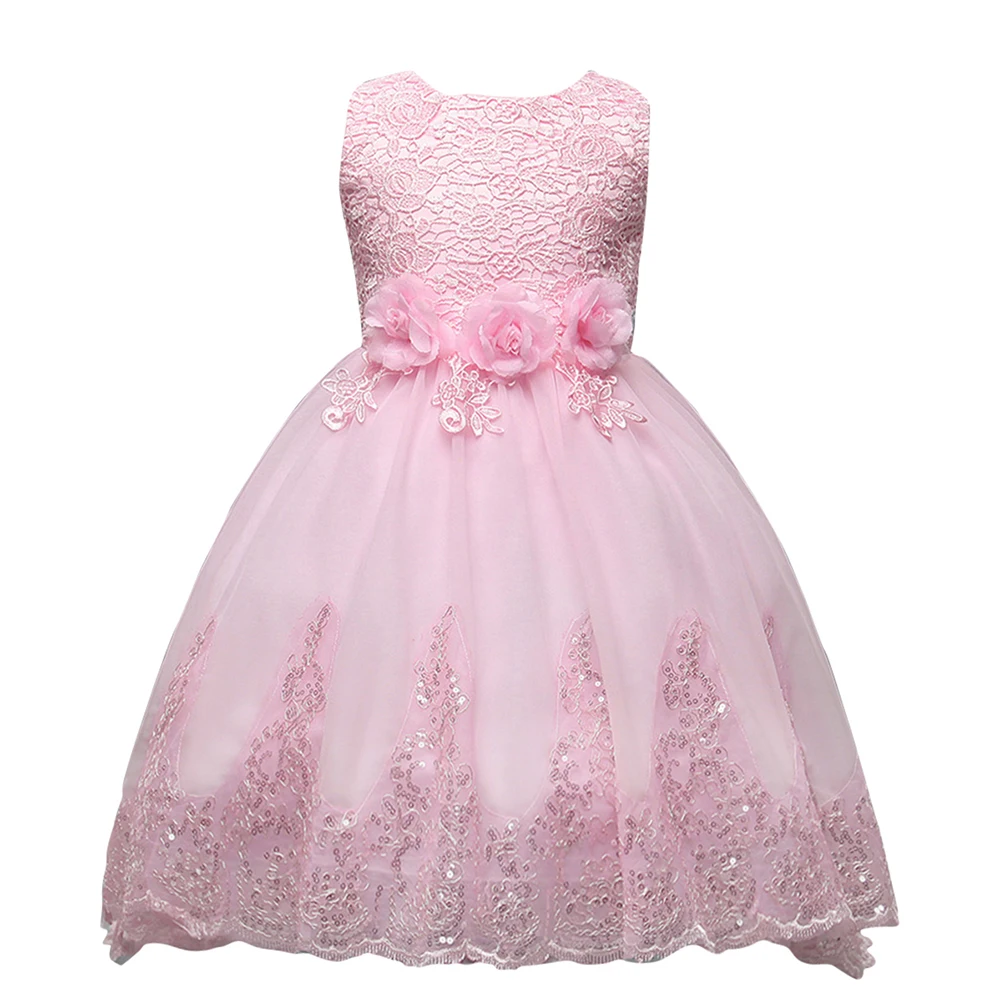 2-12YearsWhite High Low 3D Flower Girl Dresses Shinny Gold Sequin Appliques Lace Court Train Princess Dresses For Kids Clothing