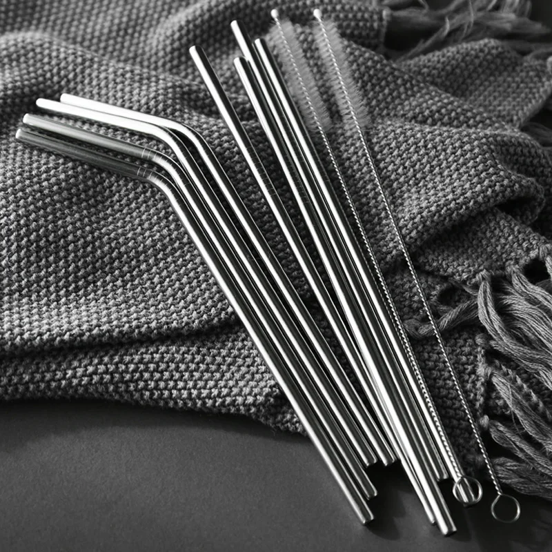 Herbruikbare roestvrijstalen rietjes Eco-vriendelijke metalen rietje Set Lange zilveren gebogen rechte rietjes Bar Cocktail Accessoires