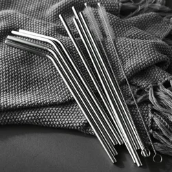 Herbruikbare roestvrijstalen rietjes Eco-vriendelijke metalen rietje Set Lange zilveren gebogen rechte rietjes Bar Cocktail Accessoires