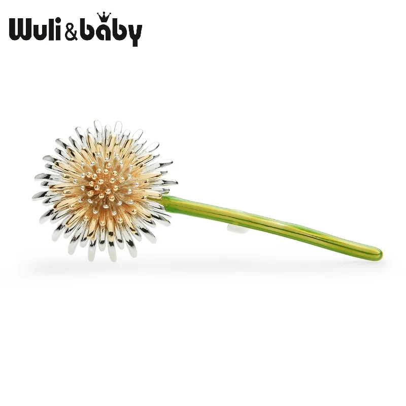 Wuli&Baby  New Green Dandelion Flower Enamel Brooches Women Men's Weddings Plants Brooch Pins Gifts