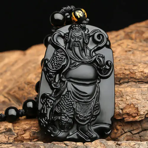 100% Natural Obsidian Hand-carved Guan Gong Guan Yu Lucky Amulet Pendant Necklace