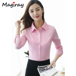 Mgiray Long Sleeve Pink Black White Blouse Women Summer Work Office LADY OL Pleated Harajuku Vintage Slim Shirt Feminina Top 255