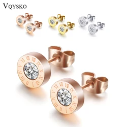 Fashion 316 Stainless Steel Round Shine AAA CZ 8MM Diameter Roman Numeral Stud Earrings For Women High Quality Brand Jewelry