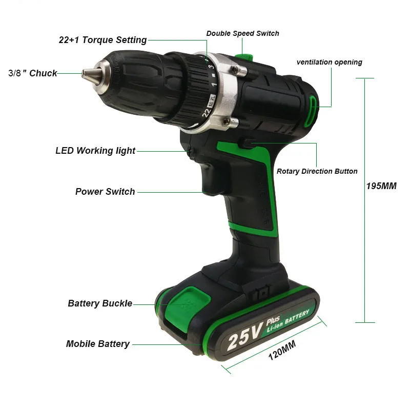 High Performance Sensitivity 25V Electric Drill Cordless Drill  Power Tools Rechargeable Lithium Battery Electric Screwdriver