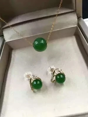 Zhe Ru Jewelry18k Gold Inlay Natural Hetian Jasper Spinach Green 10mm Bead Pendant Necklace Elegant 6mm Bead Earrings