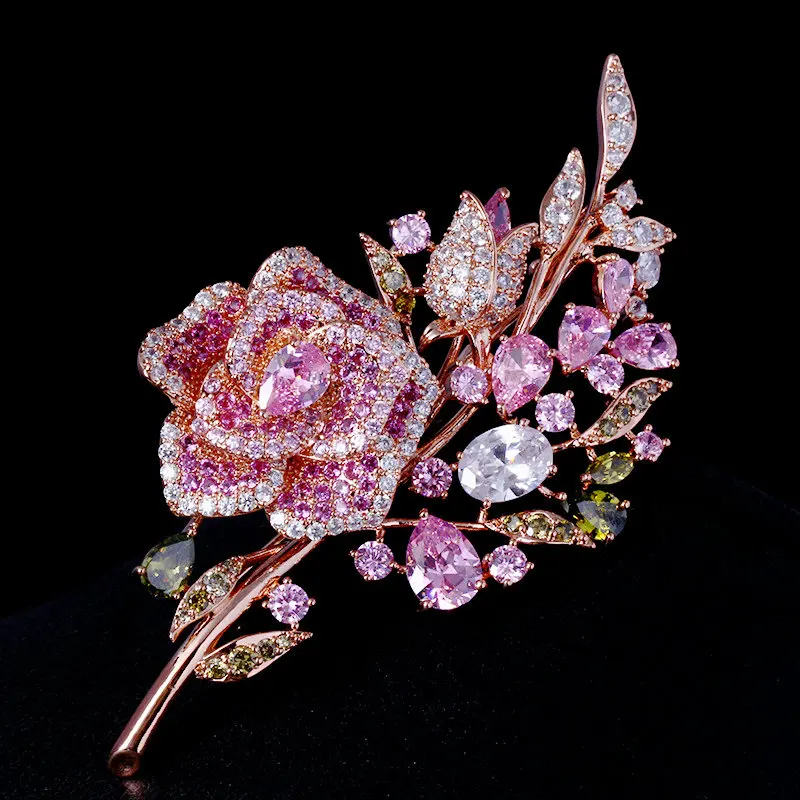 Creative Bridal Jewelry Accessory Pink Cubic Zircon Luxury Rose Flower Brooch Suit Brooches Pin Lady Scarf Button Jewelry Gift