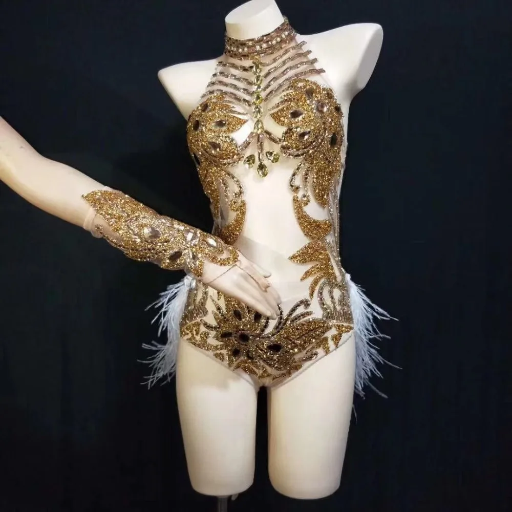 New Gold Party Stage Wear Crystals Shining Feather Sexy Bodysuit Outfit Female Modern One Piece Sexy Rhinestone Costumes