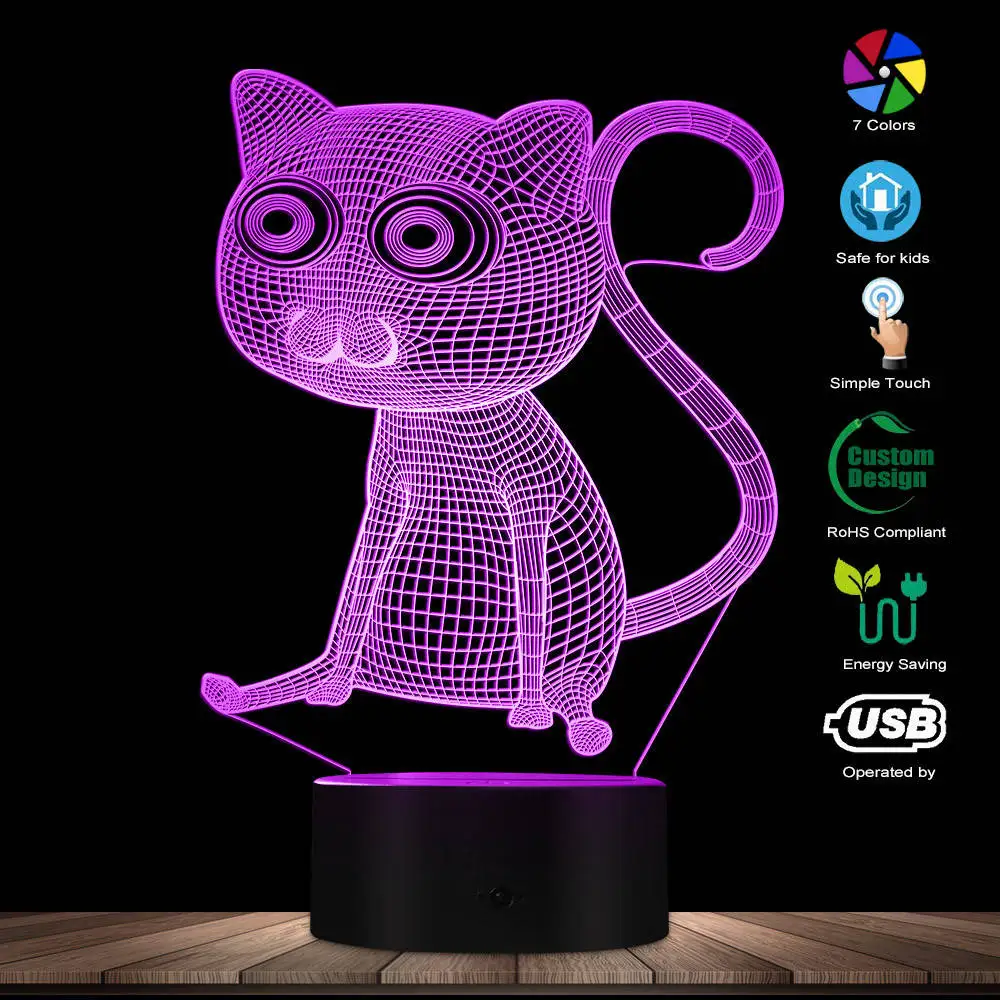 Kitty Cat Animals 3D Visual Table Lamp LED Cat Bedroom Sleepy Desk Decorative Light Children Night Light Kitten Cat LED Light