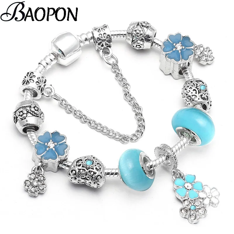 BAOPON Dropshipping Blue Crystal Charm Bracelet With Marano Beads Fits Original Fine Bracelet For Women Friendship Bracelet