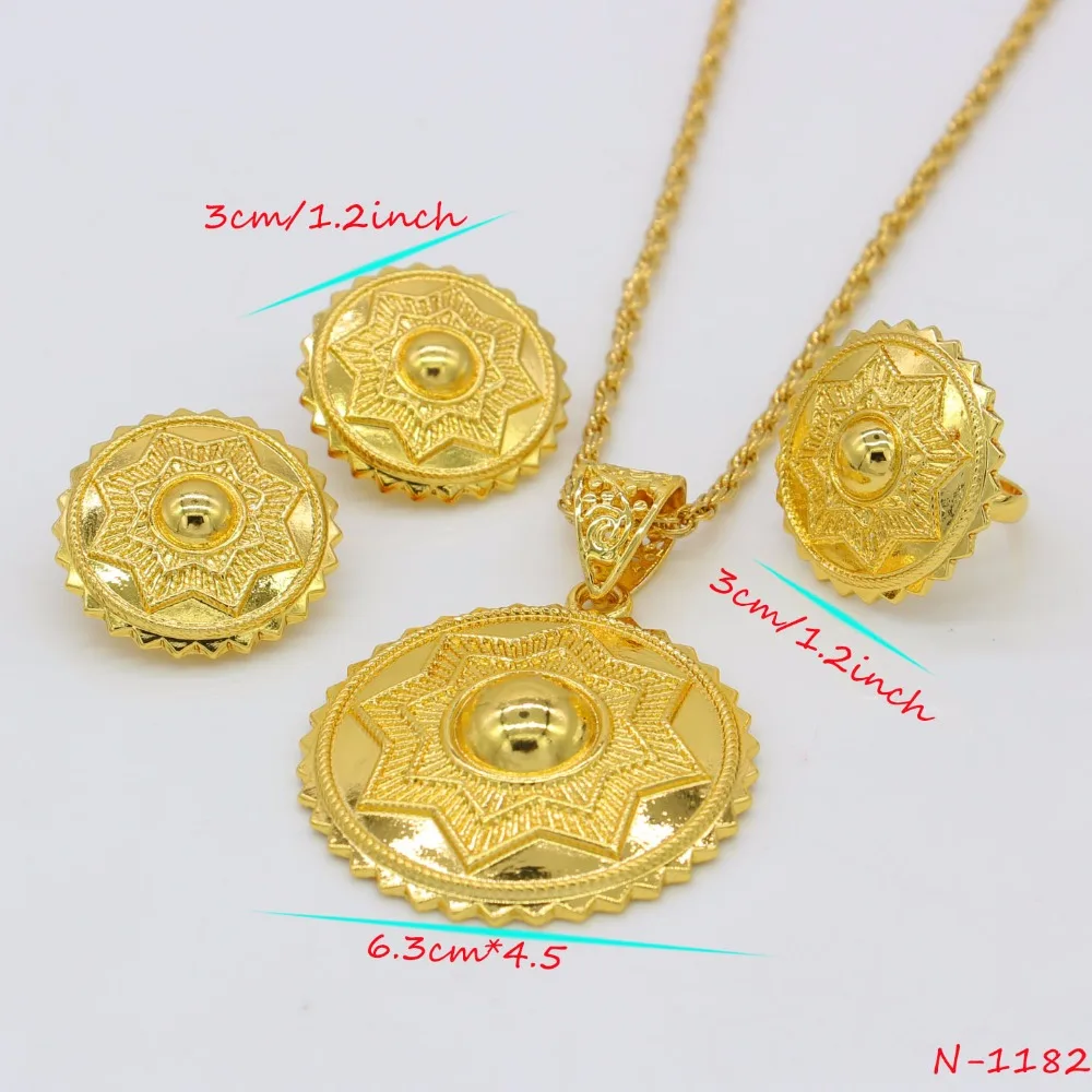 Adixyn Ethiopian Gold Color Jewelry Set African Wedding Round Pendant/Earring/Ring/Necklace Eritrean/Arabic Gifts N1182