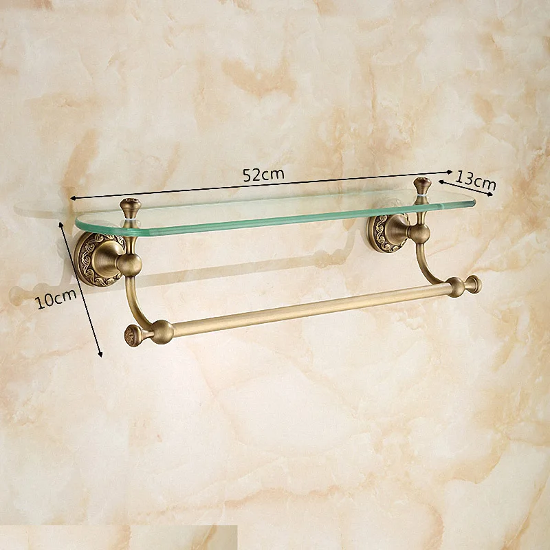 Bathroom Accessories Antique Brass Collection, Glass Shelf with Towel Bar,  Luxury European London Style for Home Organizer