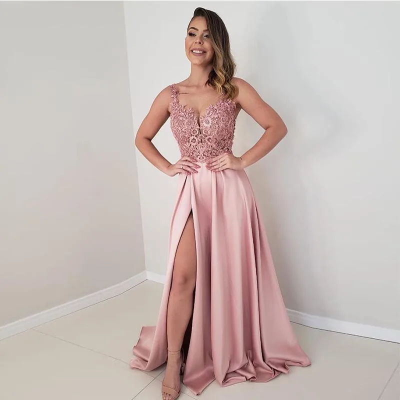 Sexy Pink Evening Dress V-neck Appliques Sleeveless A-line Front Split Long Formal Evening Party Dresses Backless Robe De Soiree