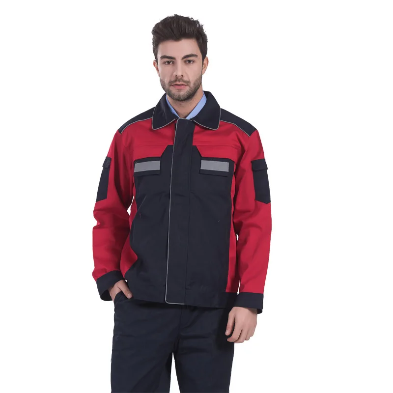 Mens Polyester Cotton Reflective Workwear Jacket and Trousers Work Set Clothing with Reflective Stripe Embroidery Logo Printing