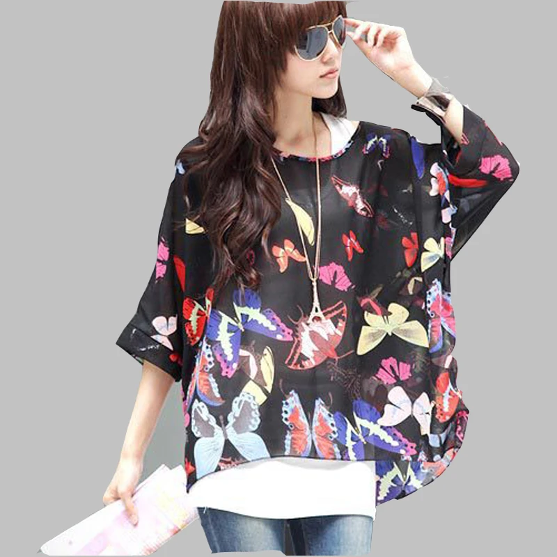 قمصان شيفون نسائية ، ملابس مقاسات كبيرة 6XL ، بلوزة صيفية مطبوعة الترتان ، أكمام الخفاش ، بلوزات غير رسمية للنساء 2021