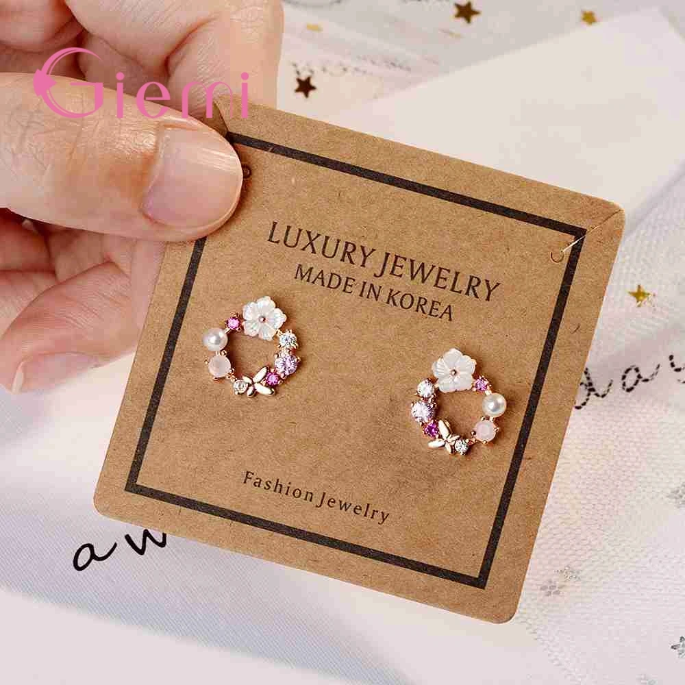 Real 925 Sterling Silver Earrings Pretty Butterfly Colorful Flowers+White Peal Cubic Zirconia Crystal Jewelry For Women