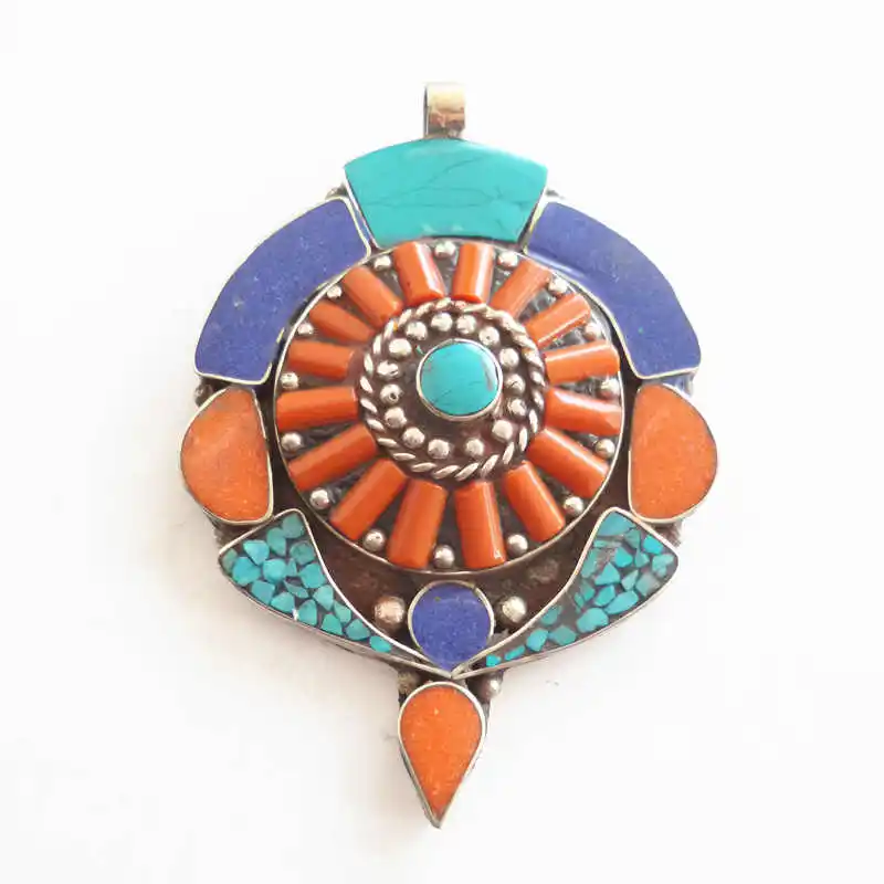 Genuine Tibetan Jewelry Copper Inlaid Colorful Stone Big Pendants TBP527