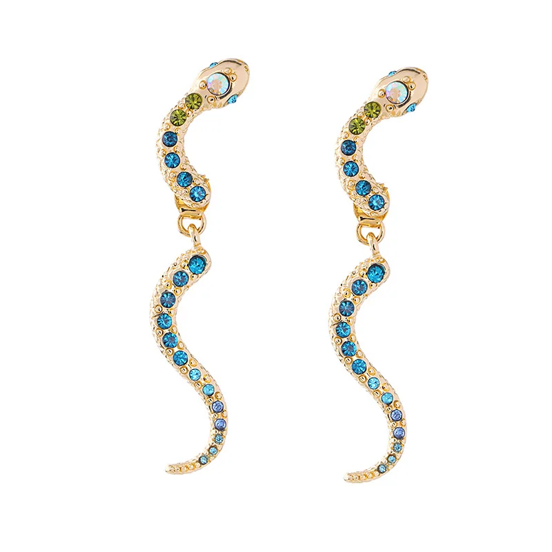 Womens Snake Stud Earrings Colorful Rhinestone Blue Pave Animal Linear Alloy Metal Fashion Jewelry