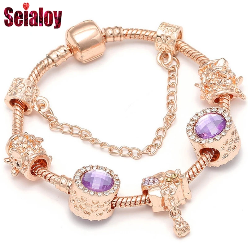 SEIALOY Rose Gold Color Bracelets For Women Couple Friendship Magnolia Lilac Crystal Beads Ladybug Charm Brands Bracelet Bangles