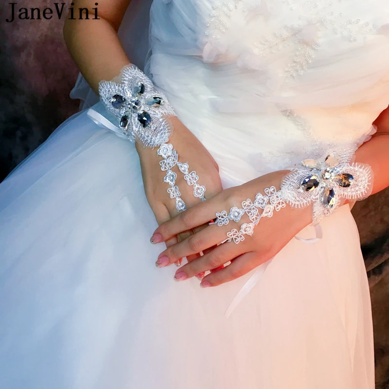 

JaneVini White Bridal Gloves Women's Short Crystal Lace Wedding Gloves Fingerless Wrist Length Bride Accessories Guantes Encaje