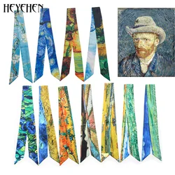 Luxury Brand Skinny Twill Silk Women Bag Scarf Van Gogh Oil Painting Starry Sky Small Ribbon Head Hair Handle Scarf Fashion