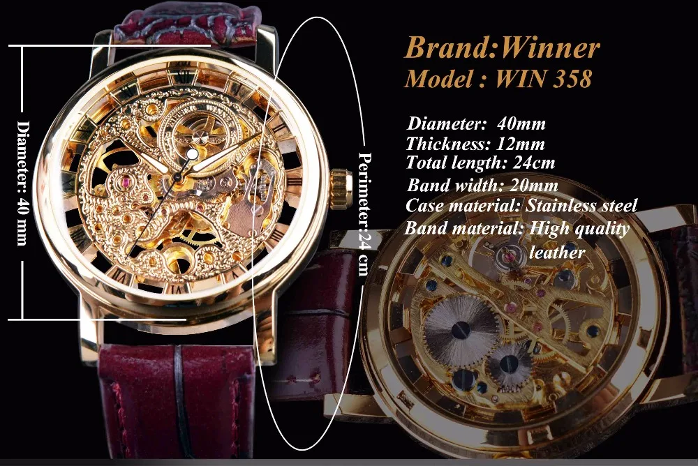 Winner Royal Carving Skeleton Brown Leather Strap Transparent Thin Case Skeleton Design Watch Watches Men Luxury Brand Clock Men