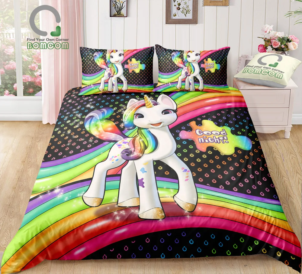 BOMCOM 3D Digital Printing Bedding Set Happy Unicorn Stand on Rainbow good night 3-Piece Duvet Cover Sets 100% Microfiber