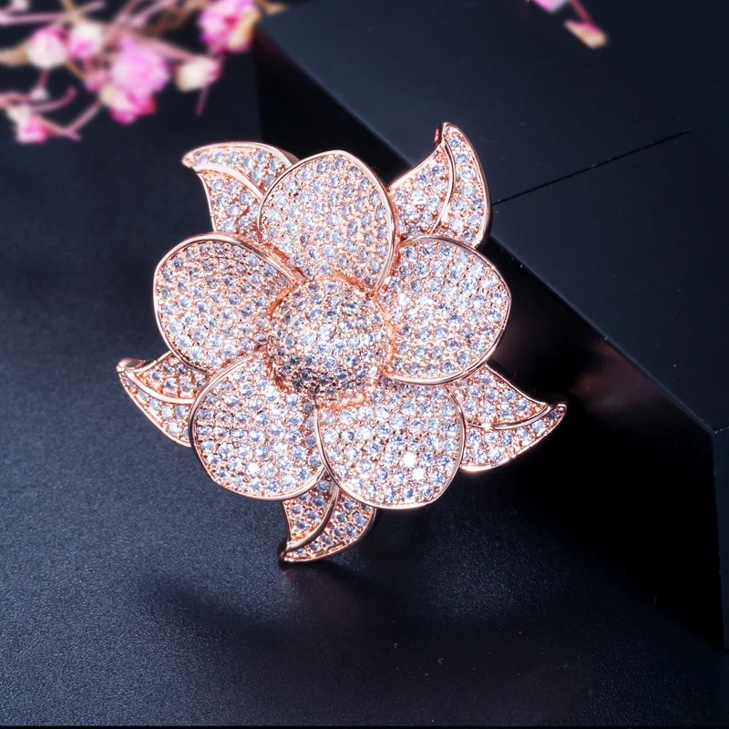 CWWZircons Luxury Flower Leaf Micro Pave Cubic Zirconia Stone Big Rose Gold Color Bridal Wedding Party Finger Rings Jewelry R124