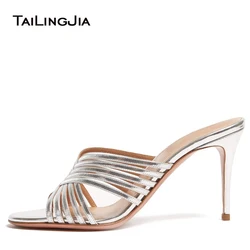 Tacchi alti argento retrò per donna sandali con tacco marrone Open Toe tacco alto Slide Mules scarpe estive con tacco a spillo da donna