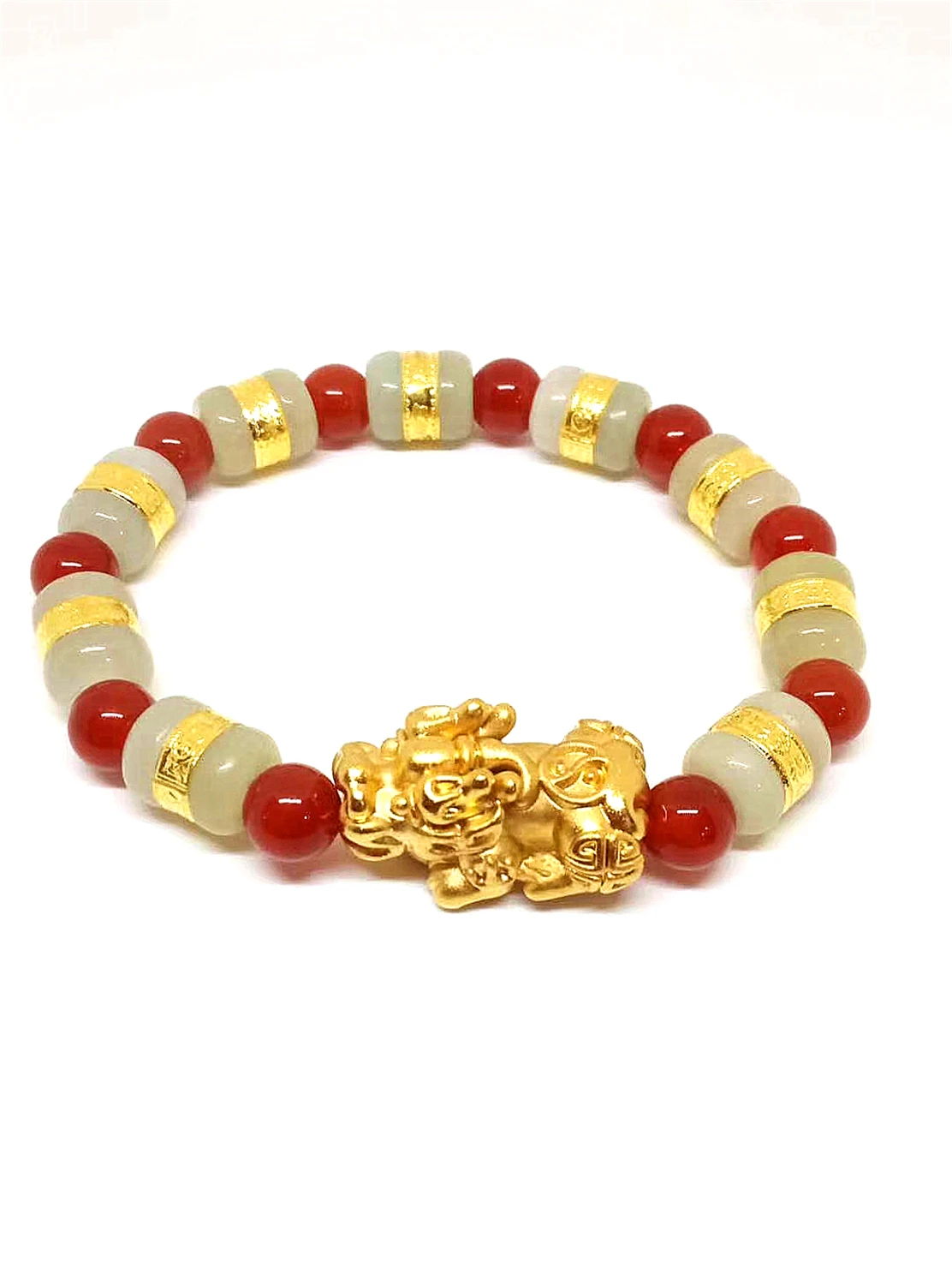 

24K Gold Brave Troops Pendant Gold and Hetian Jade Red Chalcedony Beaded Bracelet