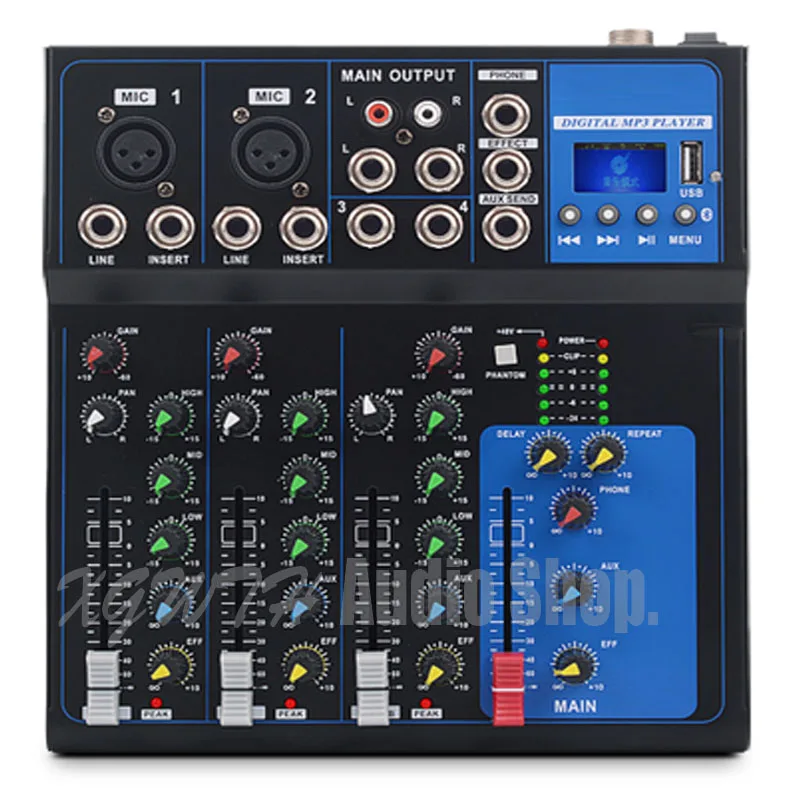 Mixer 4  Channel Audio Mixer with Bluetooth USB 48V Phantom Power for Recording DJ Stage Karaoke Music Audio Mixing Console