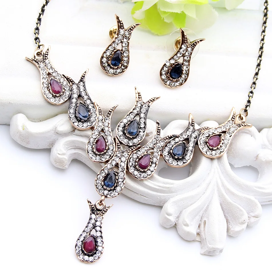 Sunspicems Vintage Turkey Bridal Flower Jewelry Sets Resin Earrings Tulips Flower Necklace Rhinestone Women Wedding Jewelry Sets