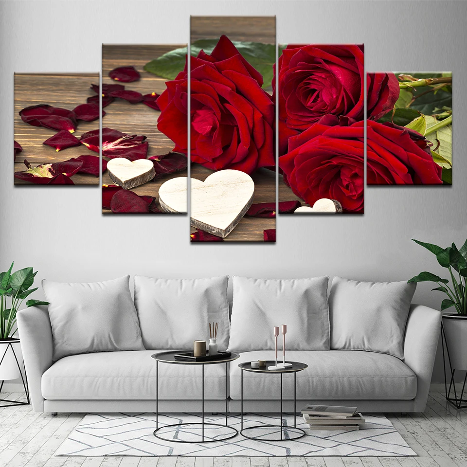 

Printed Canvas Painting Wall Art 5 Panel Beautiful Roses Cuadros Decoration Painting Modular Pictures On The Hall Wall Framework